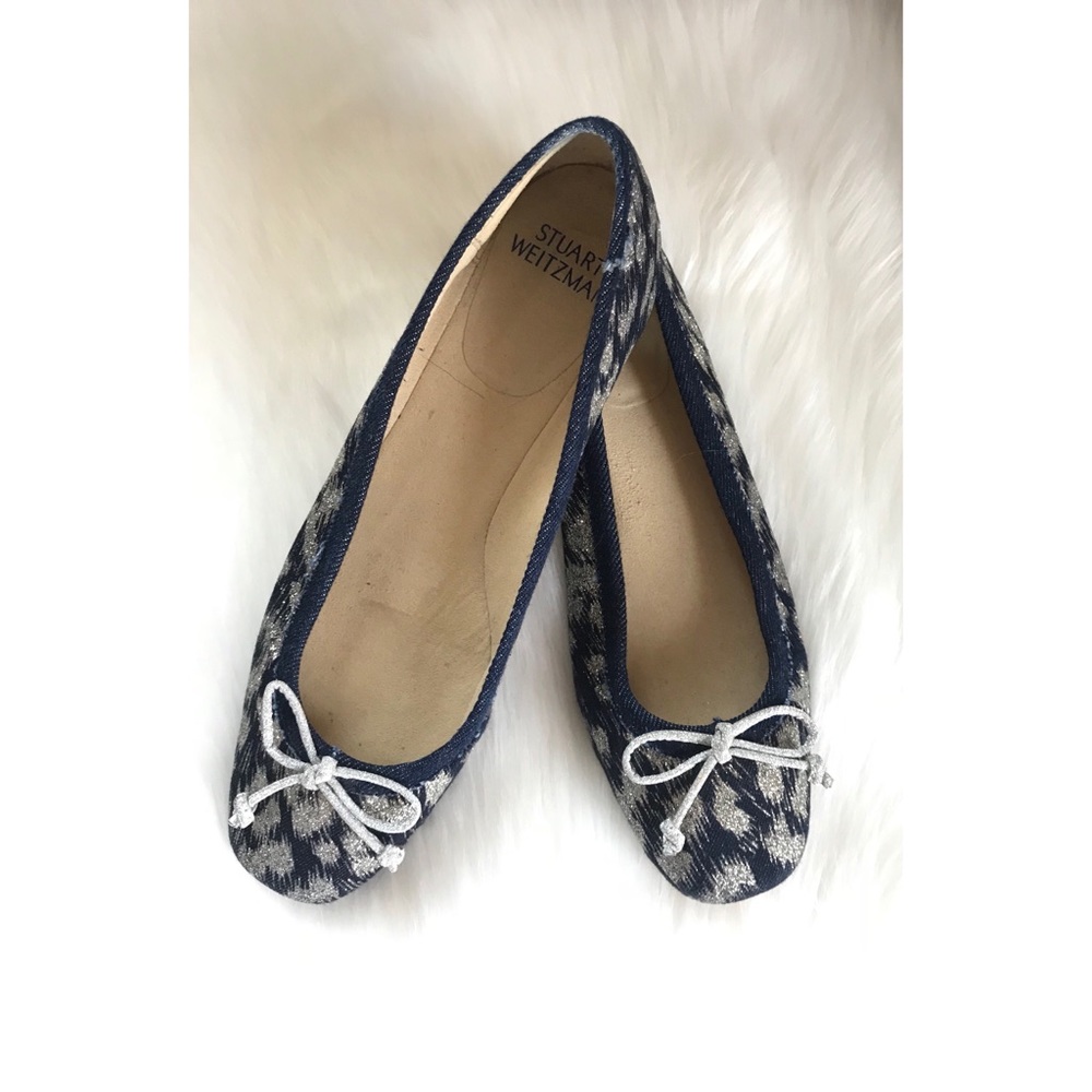 Stuart Weitzman Blue Silver Leopard with Bow Flats